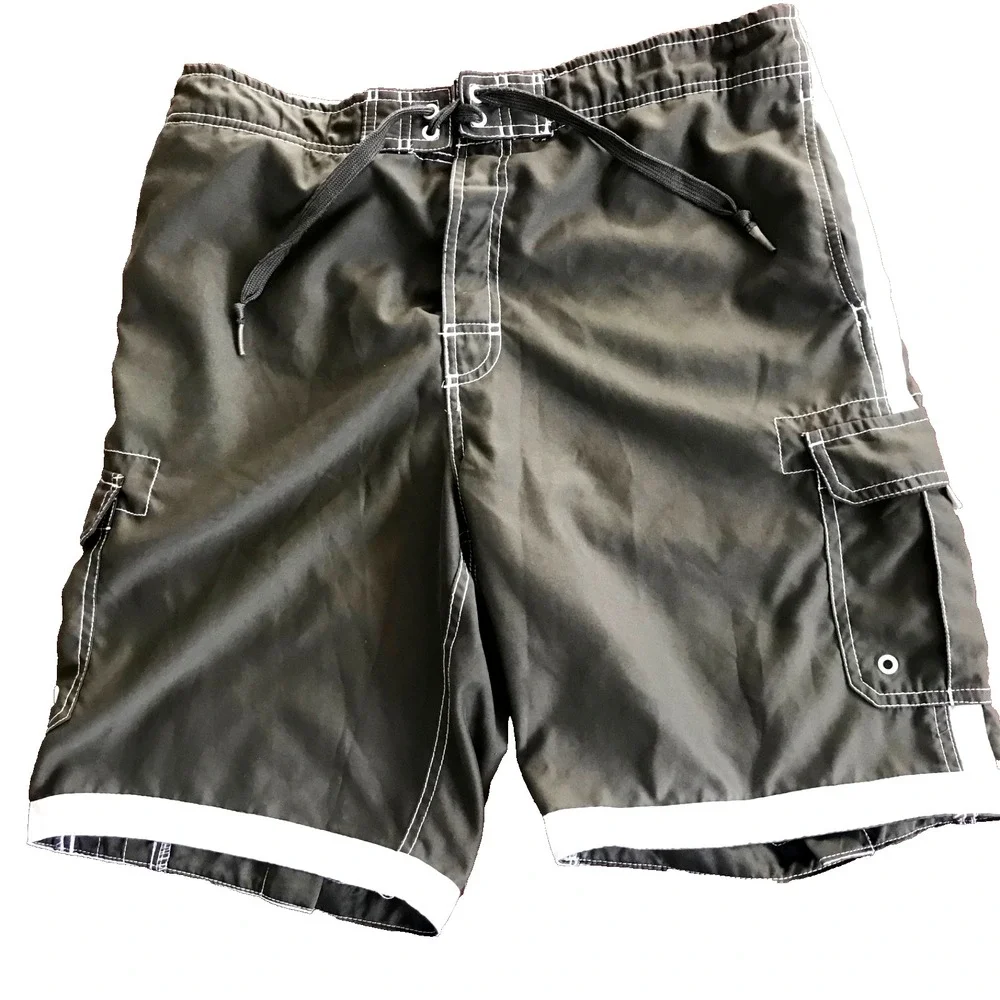Joe Boxer Mens L Green w/ White Stripe‎ Swimming Trunks Lined with Cargo Pockets
